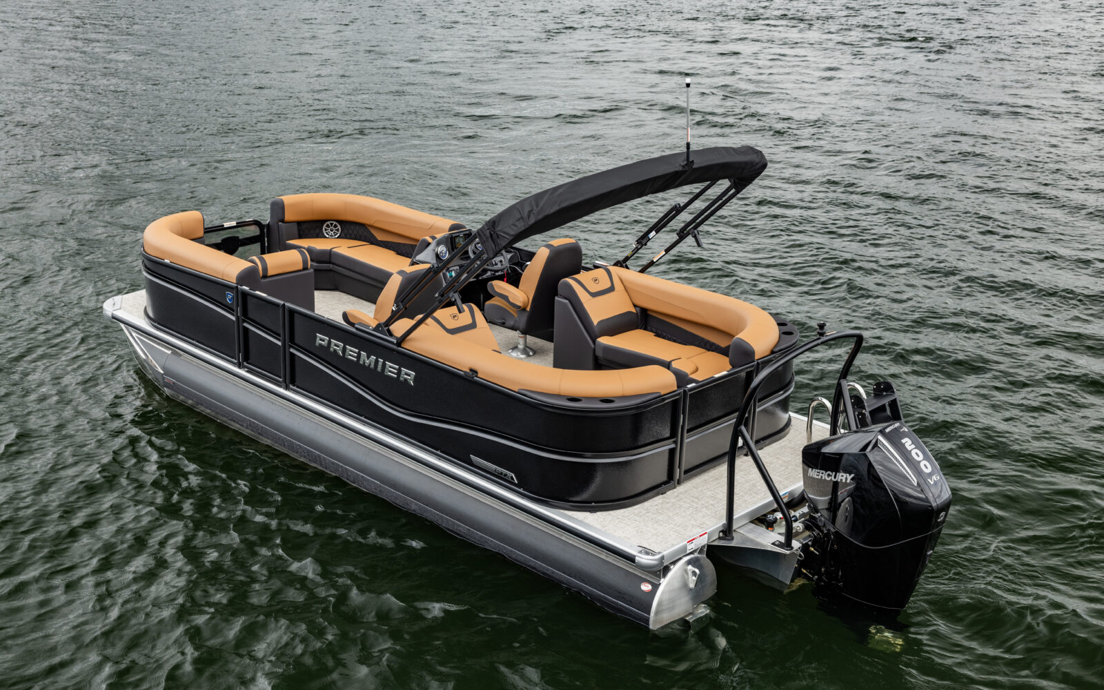 Premier Sunscape pontoon boat with Mercury outboard and spacious rear deck.