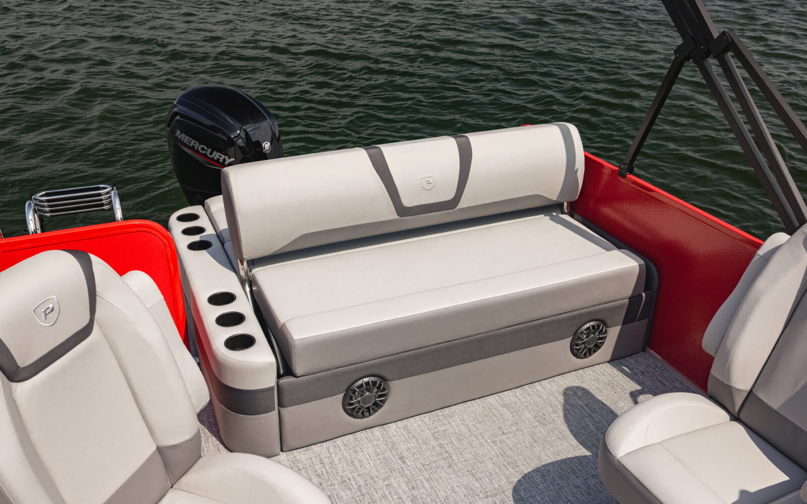 Premier Sunscape stern bench seat with premium upholstery and integrated speakers.