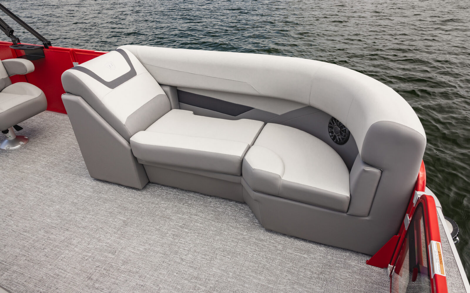 Premier Sunscape pontoon front couch with wraparound seating and premium upholstery.